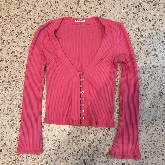 Reformation Pink Ribbed Button-Up Top - Picture 2 of 5